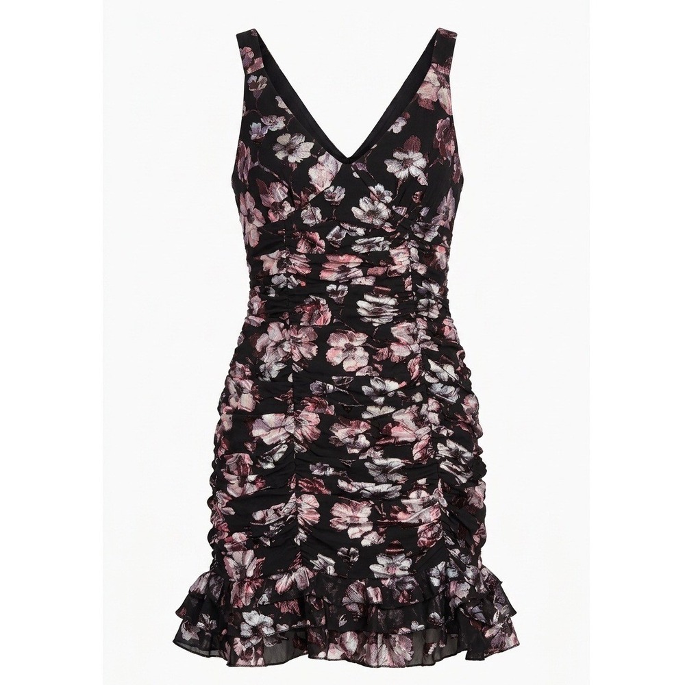 Harlyn Womens Metallic Floral Ruched V-Neck Ruffle Mini Dress Multi M YD-8688